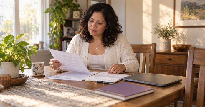 Reviewing service terms before a reading A woman reviewing printed service terms and notes at a home dining table.