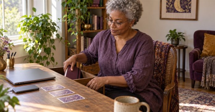 A reader places a closed notebook in a desk drawer beside face-down cards in a sunlit home room.