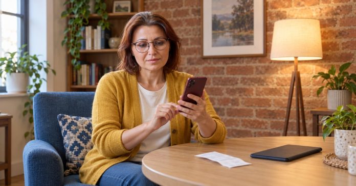 red-flags-distinct-model-20261014 A woman calmly checking reading charges on her smartphone beside a receipt at home.