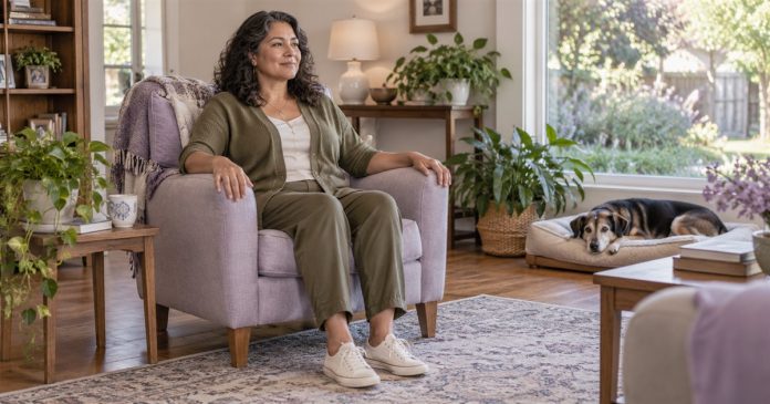 Grounding — noticing the room Woman sitting with her feet on the floor in a bright home living room.