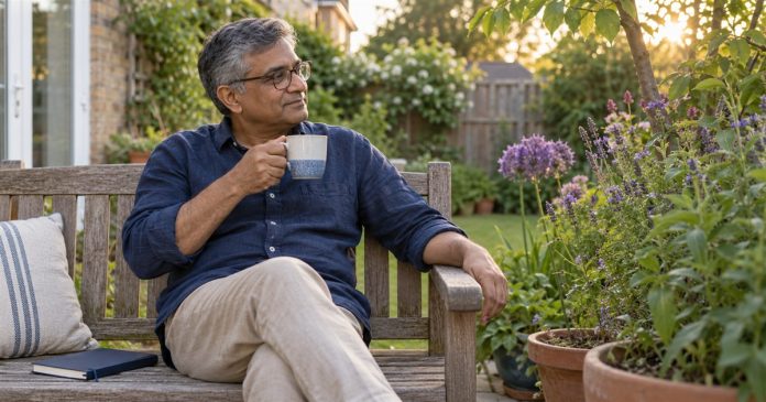 Staying safe — a practical garden pause Man holding a mug while taking a quiet break on a bench in his home garden.